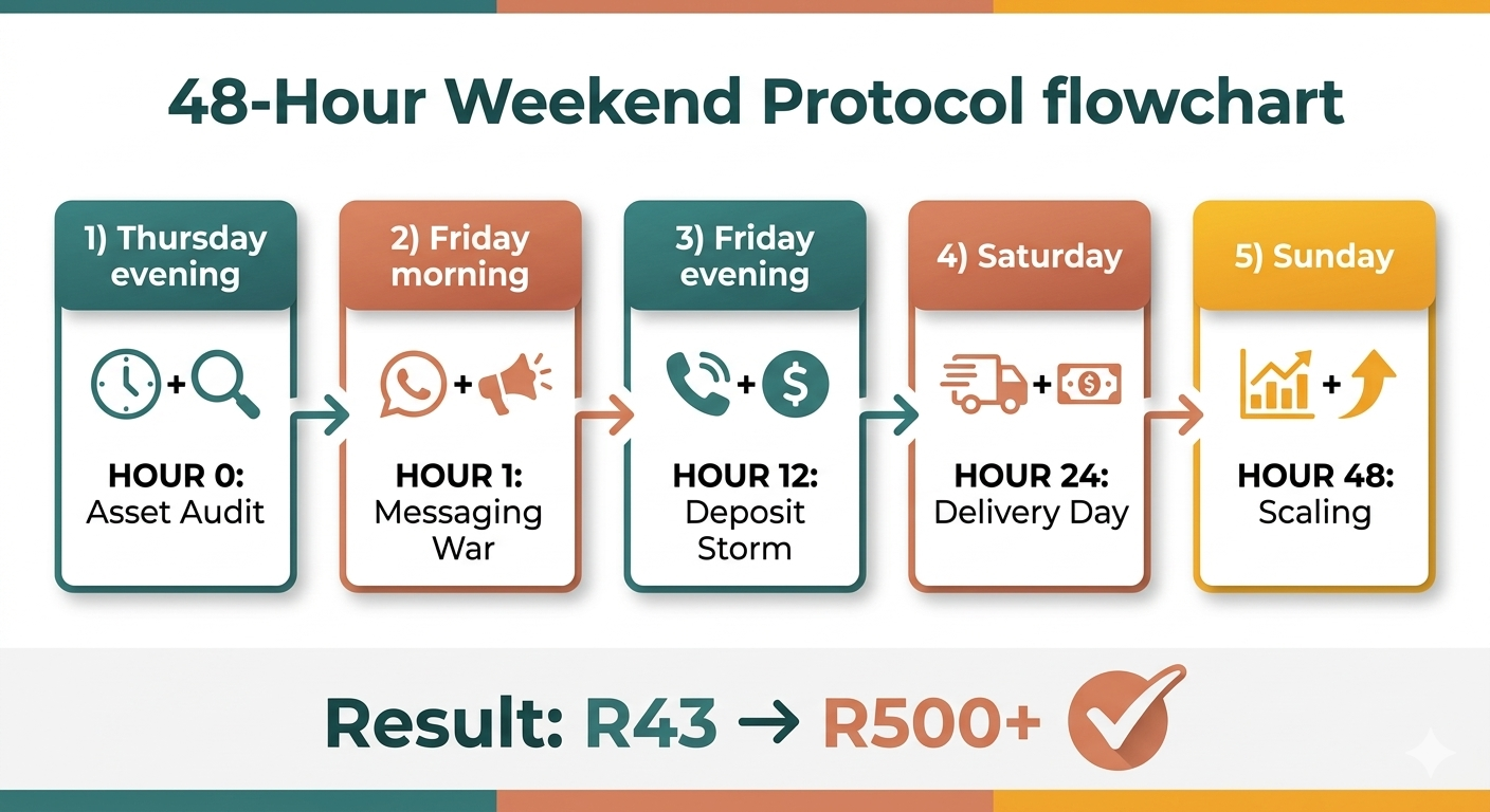 48-Hour Weekend Protocol flowchart showing step-by-step cash system from R43 to R500