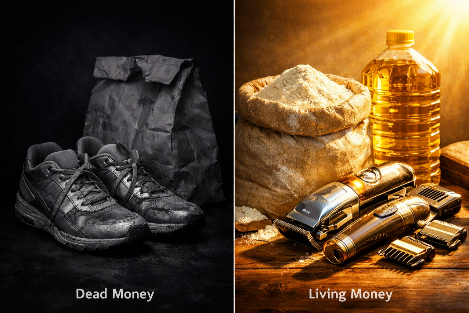 Contrast between buying sneakers (dead money) and buying flour and oil (living money)