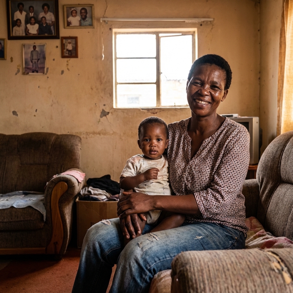 South African single mother smiling with her children