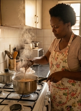 A confident South African mother looking at her phone, realizing she has found a way to earn extra income